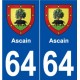 64 Ascain blason autocollant plaque stickers ville