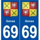 69 Genas blason autocollant plaque stickers ville