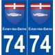 74 Evian-les-Bains de la capa de brazos de la etiqueta engomada de la placa de pegatinas de la ciudad