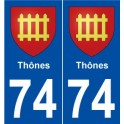 74 Thônes escudo de armas de la etiqueta engomada de la placa de pegatinas de la ciudad