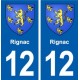 12 Rignac blason ville autocollant plaque sticker