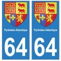 64 Pirineos Atlánticos, etiqueta engomada de la placa de escudo de armas el escudo de armas de pegatinas departamento