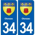 34 Olonzac escudo de armas de la ciudad de etiqueta, placa de la etiqueta engomada
