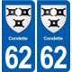 62 Condette blason autocollant plaque stickers ville