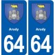 64 Arudy blason autocollant plaque stickers ville