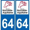 64 Pirineos Atlánticos, etiqueta engomada de la placa de matriculación de automóviles departamento de la etiqueta engomada de Nu