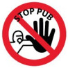 Autocollant stop pub homme main noire rond