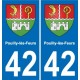 42 Pouilly-lès-Feurs escudo de armas de la ciudad de etiqueta, placa de la etiqueta engomada