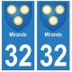 32 Mirande autocollant plaque blason armoiries stickers département