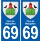 69 Vaux-en-Beaujolais escudo de armas de la etiqueta engomada de la placa de pegatinas de la ciudad