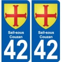 42 Sail-sous-Couzan escudo de armas de la etiqueta engomada de la placa de pegatinas de la ciudad