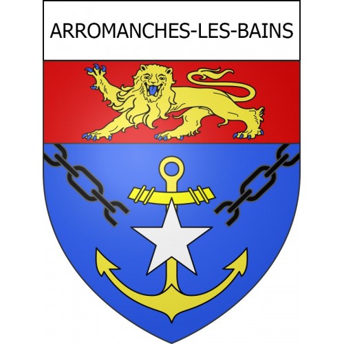 Pegatinas escudo de armas de Arromanches-les-Bains adhesivo de la etiqueta engomada