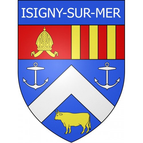 Pegatinas escudo de armas de Isigny-sur-Mer adhesivo de la etiqueta engomada
