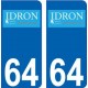 Idron ville 64 logo autocollant plaque immatriculation auto ville sticker