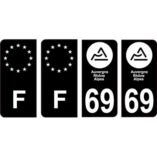 4 x 69 Rhône fond Noir - Autocollant plaque immatriculation blason  département logo ville sticker auto - F Europe Noir