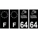 64 Pyrénées Atlantique logo noir autocollant plaque immatriculation auto sticker Lot de 4 Stickers