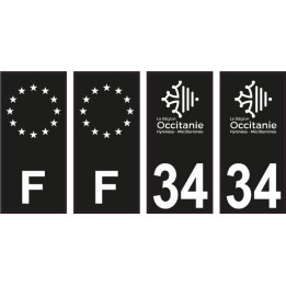 34 Hérault logo noir autocollant plaque immatriculation auto sticker Lot de 4 Stickers