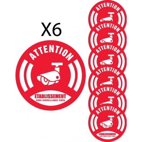 x6 attention établissement sous surveillance vidéo logo 765 autocollant adhésif sticker