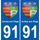 91 Juvisy-sur-Orge escudo de armas de la etiqueta engomada de la placa de pegatinas de la ciudad