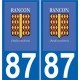 87 Rancon logo autocollant plaque immatriculation auto ville sticker