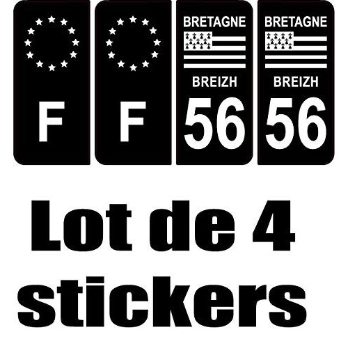 lot 4 stickers - 56 et F europe Morbihan autocollant plaque Bretagne sticker fond noir plaque immatriculation auto département