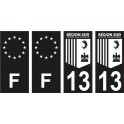 Département 13 région Sud logo noir blanc- PACA logo - F europe noir  - 4 Autocollants Stickers Auto Plaque d'immatriculation