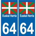 64 Euskal Herria sticker auto Pays Basque autocollant plaque immatriculation