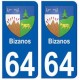 64 Bizanos autocollant plaque immatriculation ville