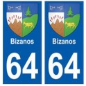 64 Bizanos autocollant plaque immatriculation ville