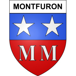 Pegatinas escudo de armas de Montfuron adhesivo de la etiqueta engomada