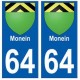 64 Monein autocollant plaque immatriculation ville