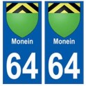 64 Monein autocollant plaque immatriculation ville