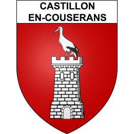 Pegatinas escudo de armas de Castillon-en-Couserans adhesivo de la etiqueta engomada