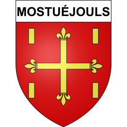 Pegatinas escudo de armas de Mostuéjouls adhesivo de la etiqueta engomada