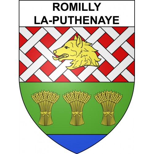 Pegatinas escudo de armas de Romilly-la-Puthenaye adhesivo de la etiqueta engomada