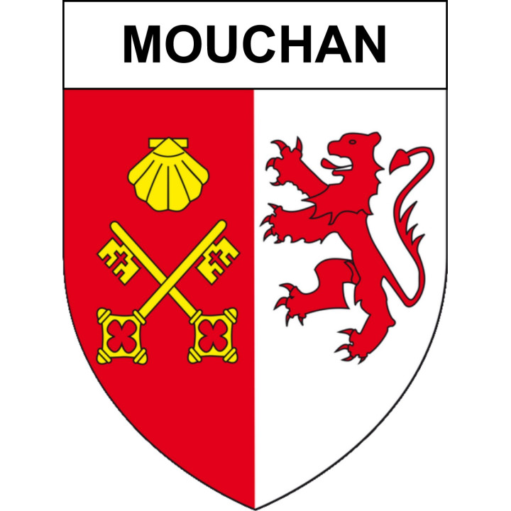 Pegatinas escudo de armas de Mouchan adhesivo de la etiqueta engomada