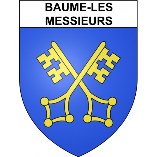 Pegatinas escudo de armas de Baume-les-Messieurs adhesivo de la etiqueta engomada