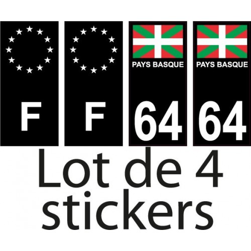 64 Pays Basque drapeau fond noir lot de 4 sticker autocollant plaque immatriculation auto