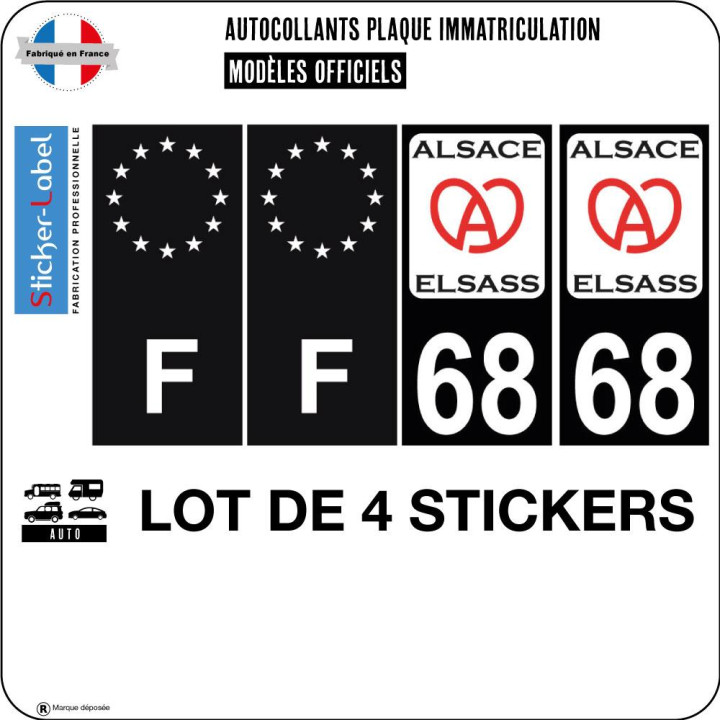 Lot de 4 stickers 68 Alsace Elsass ville sticker autocollant plaque immatriculation auto