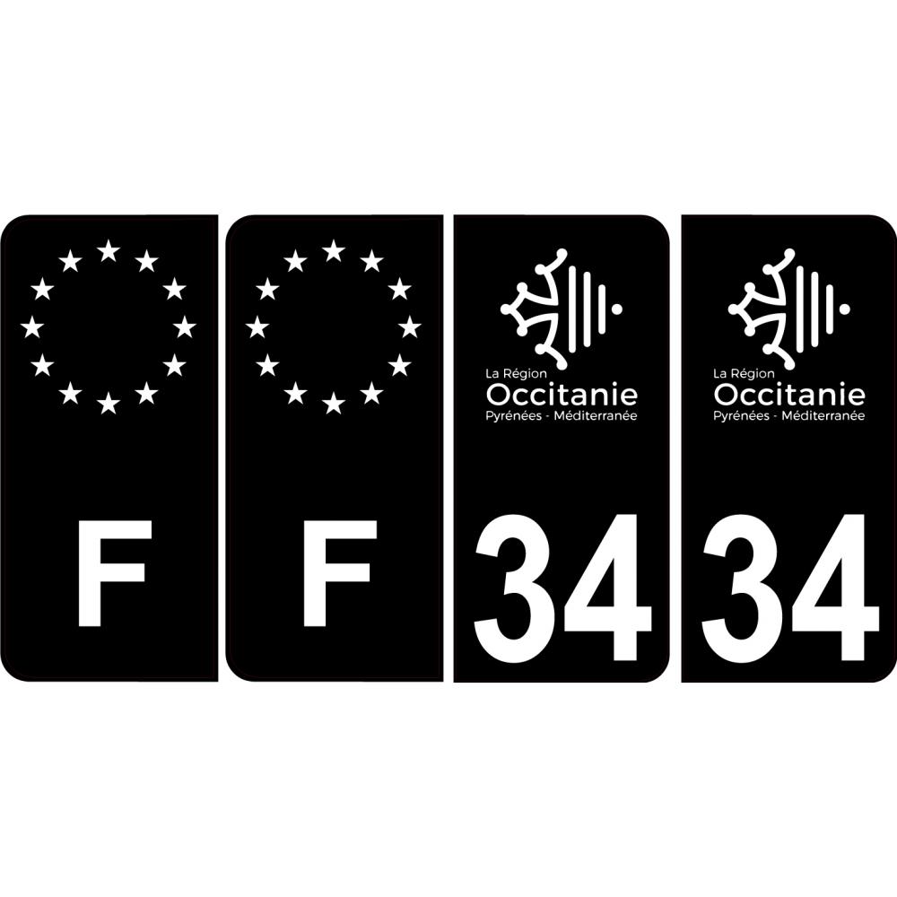 4 x 34 Occitanie Noir Autocollants plaque immatriculation blason département sticker auto et F europe Noir