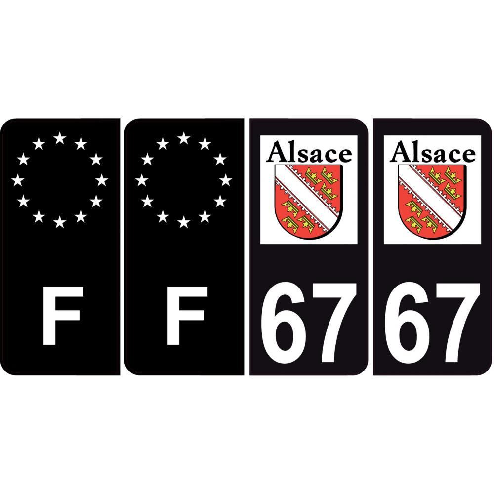 67 Bas Rhin logo couleur fond noir autocollant plaque immatriculation auto ville sticker Alsace Lot de 4 Stickers