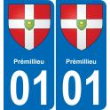 01 Prémillieu escudo de armas de la etiqueta engomada de la placa de pegatinas de la ciudad