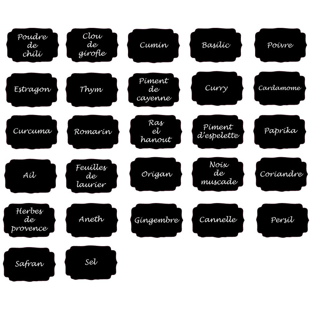Étiquettes adhésives x27 vignette noir texte prédéfini épices conserve cuisine rangement logo341