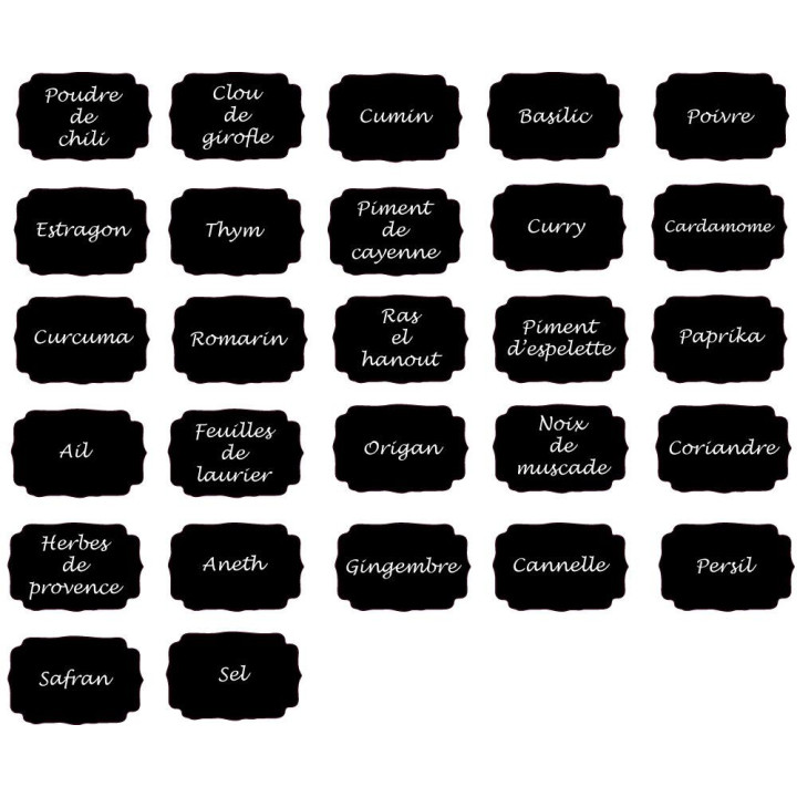 Étiquettes adhésives x27 vignette noir texte prédéfini épices conserve cuisine rangement logo341