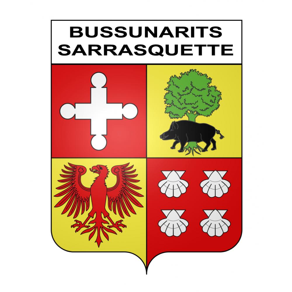 Pegatinas escudo de armas de Bussunarits-Sarrasquette adhesivo de la etiqueta engomada