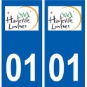01 Hauteville-Lompnes logotipo de la ciudad de etiqueta, placa de la etiqueta engomada