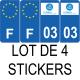 Lot de 4 autocollants bleu 03 ALLIER Auvergne-Rhône-Alpes - F Europe nouvelles régions plaque immatriculation voiture sticker