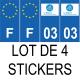 Lot de 4 autocollants bleu 03 ALLIER Auvergne-Rhône-Alpes - F Europe nouvelles régions plaque immatriculation voiture sticker