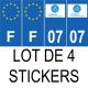 Lot de 4 autocollants bleu 07 ARDECHE Auvergne-Rhône-Alpes - F Europe nouvelles régions plaque immatriculation voiture sticker