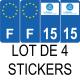 Lot de 4 autocollants bleu 15 CANTAL Auvergne-Rhône-Alpes - F Europe nouvelles régions plaque immatriculation voiture sticker